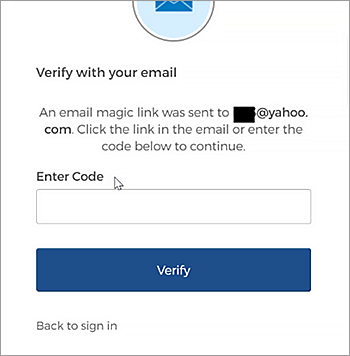 Screen indicating that a one-time six-digit passcode has been sent via email, with instructions to check your inbox